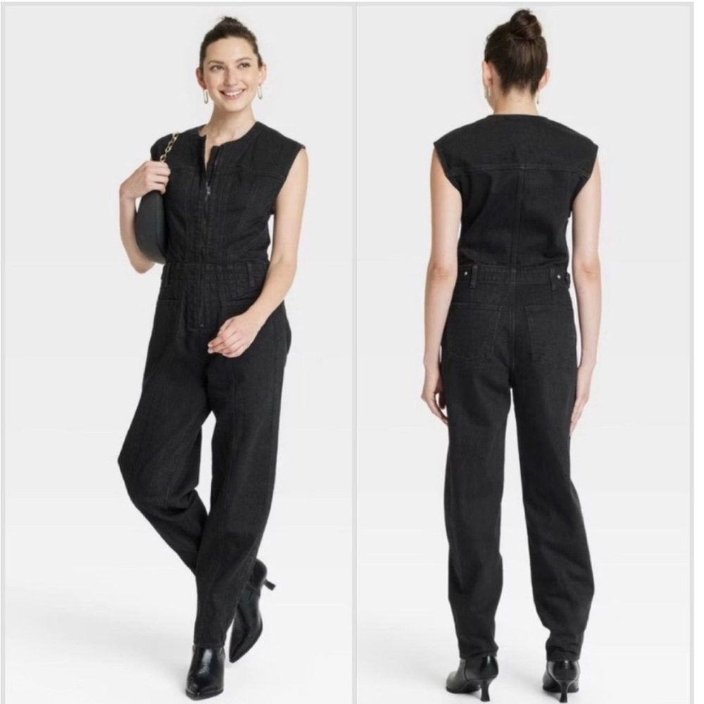 NWT Universal Thread Sleeveless Denim Jumpsuit Zip Front Coveralls Size 2 Black - Picture 2 of 14